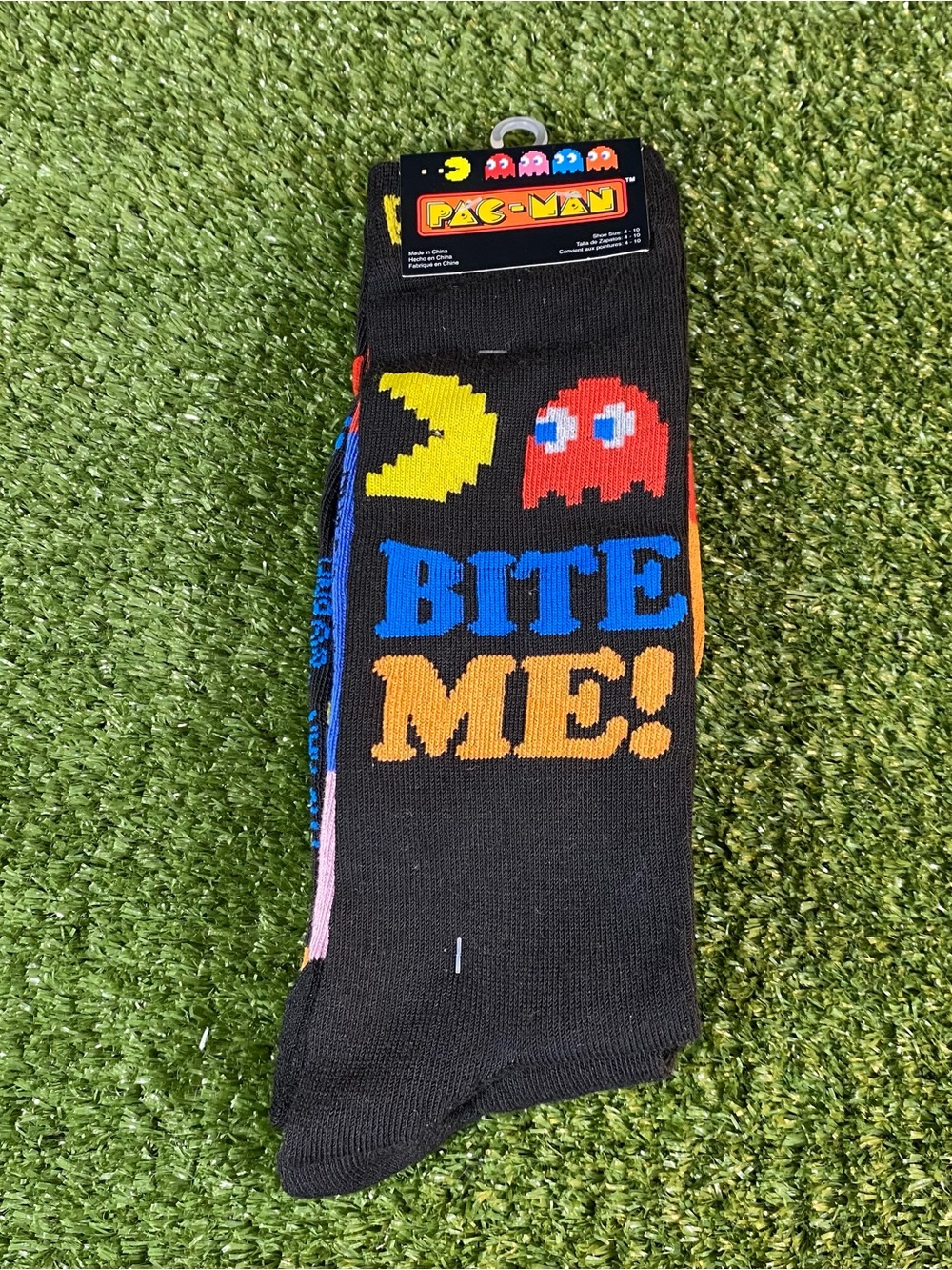 Pac Man Mens Crew Socks 'Bite Me' Shoe Size 10-13 Funny Gift Novelty Multicolor